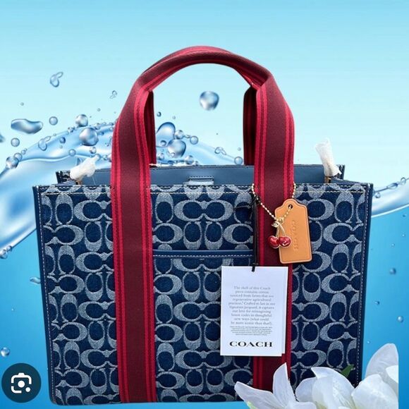 Coach Smith Tote Bag In Signature Denim Crossbody Purse With Cherry Charm - Picture 1 of 17